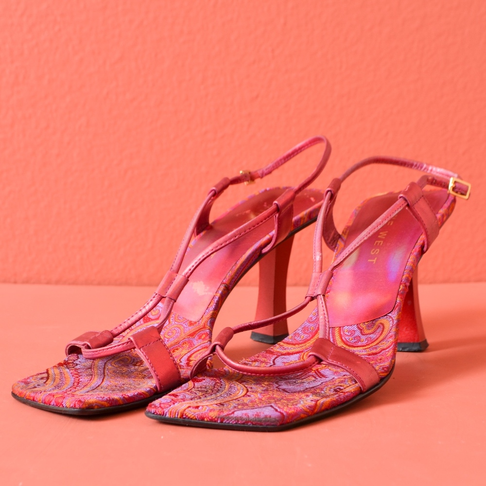 Nine West Square Toe Paisley Fabric Sandals 7.5